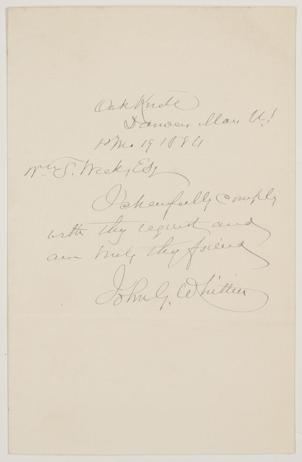 WHITTIER — Autograph Note Signed to William Self Weeks (of Clitheroe, Lancashire), | Sophie Dupré Autographs
