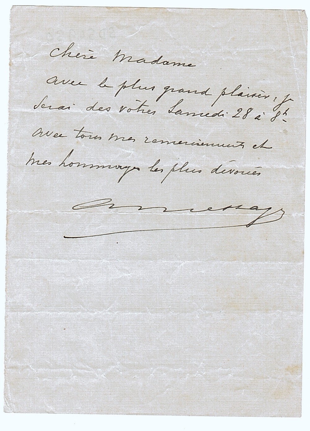 MESSAGER — Autograph Letter Signed, in French, to 'Dear Madame' (Mme Ernesta Stern), | Sophie Dupré Autographs