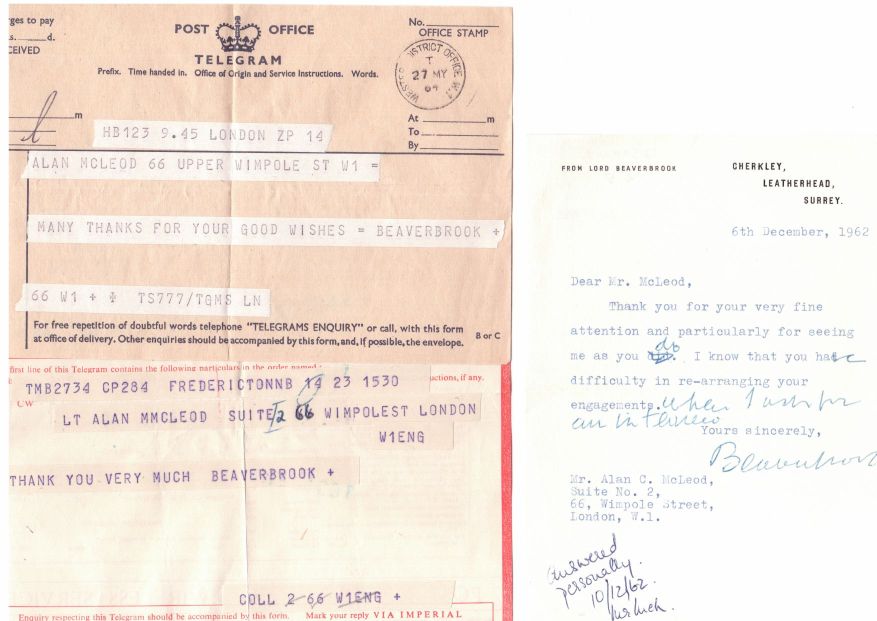 BEAVERBROOK — Typed Letter Signed with autograph additions, to Sir Alan C. McLeod, 1904-1981, | Sophie Dupré Autographs