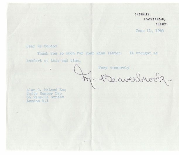 BEAVERBROOK — Typed Letter Signed to Sir Alan C. McLeod, 1904-1981, | Sophie Dupré Autographs