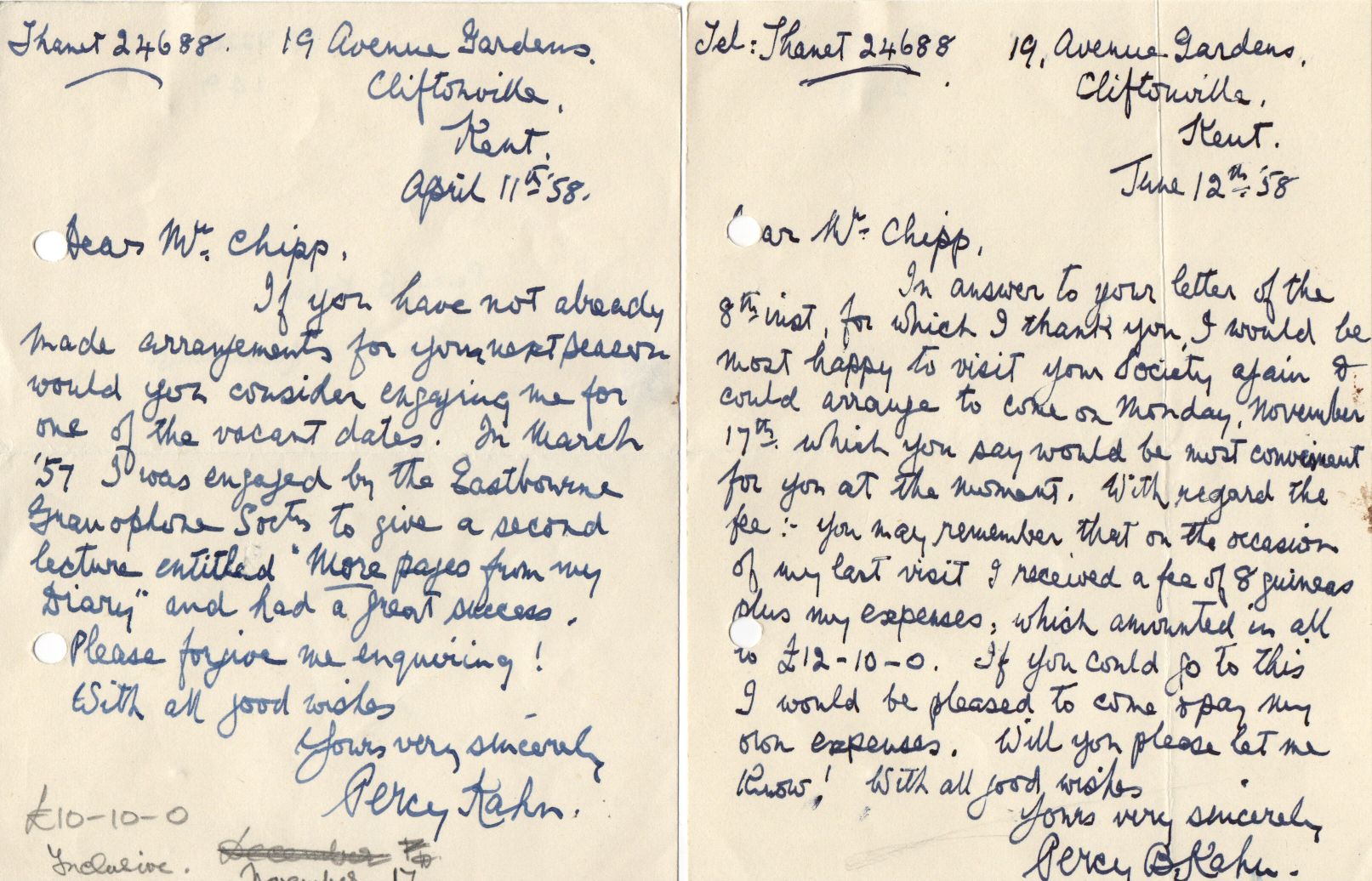 KAHN — 9 Autograph Letter Signed to Harold Chipp of the Cheltenham Gramophone Society, | Sophie Dupré Autographs