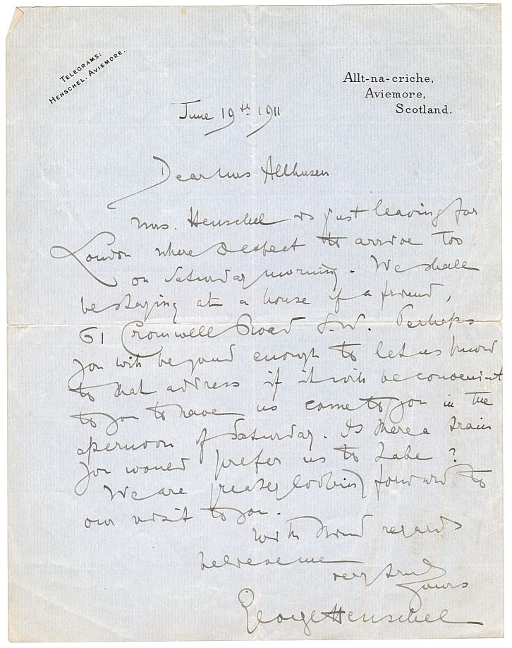 HENSCHEL — Autograph Letter Signed to Mrs Allhusen, | Sophie Dupré Autographs