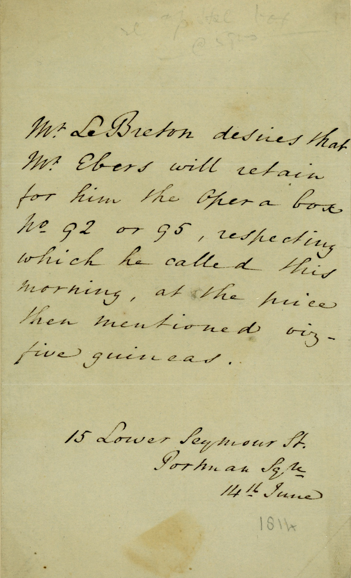 LE BRETON — Autograph Letter in the third person to John Ebers in Bond Street, | Sophie Dupré Autographs