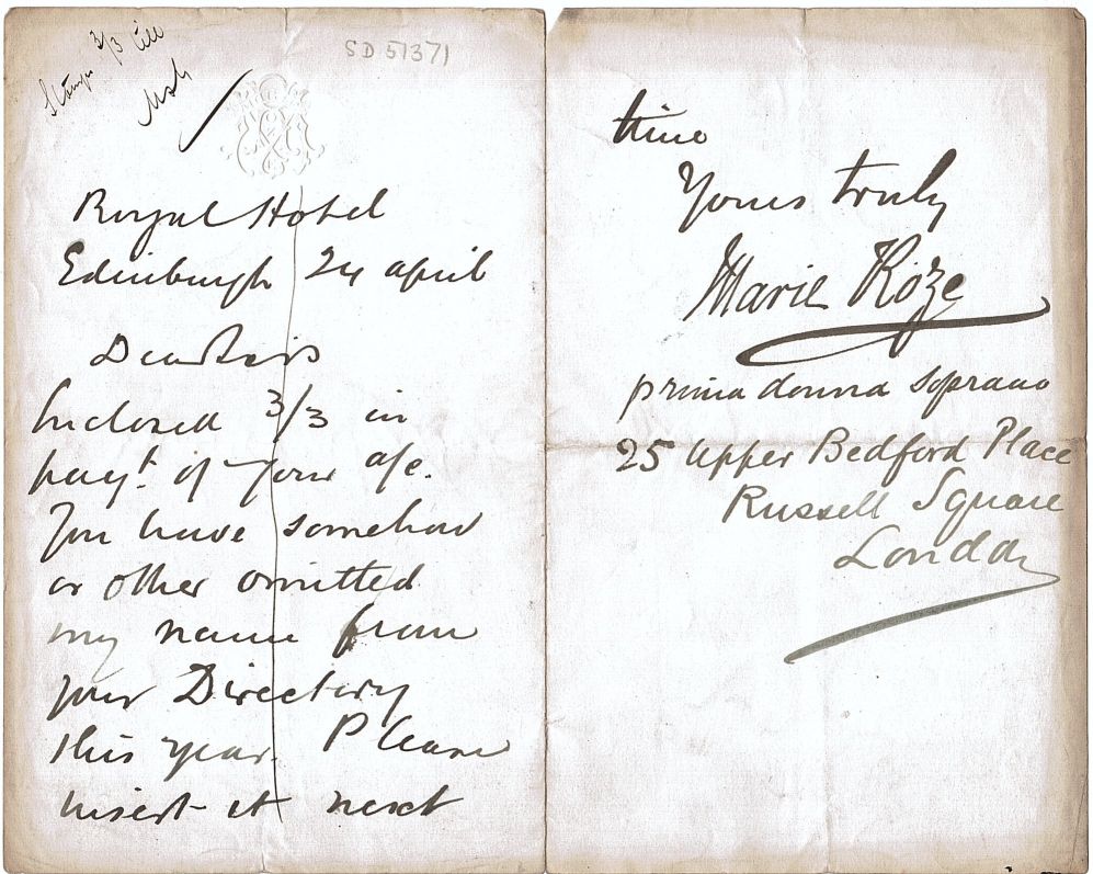 ROZE — Autograph Letter Signed in her large hand to 'Dear Sirs', | Sophie Dupré Autographs