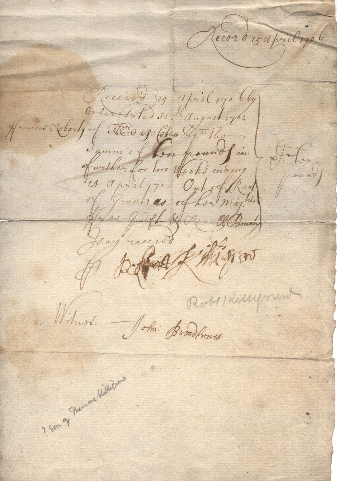 KILLIGREW — Rather shaky  Signature on receipt from Francis Robarts, | Sophie Dupré Autographs