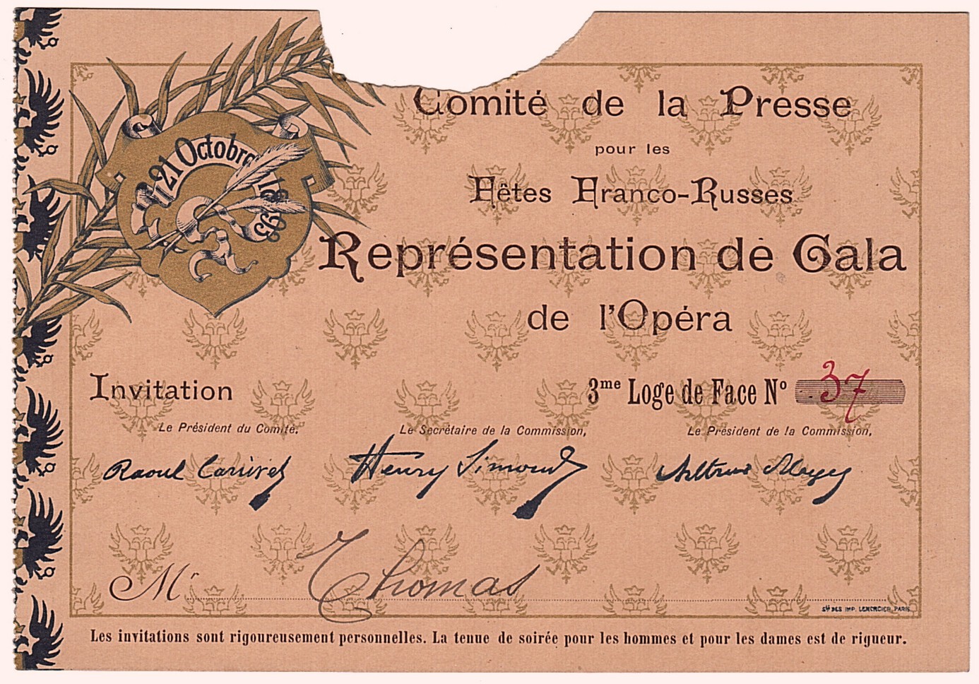 COMMITTEE OF THE PRESS FOR THE FRANCO-RUSSIAN CELEBRATIONS — Decorative Ticket for the Gala at the Opéra, | Sophie Dupré Autographs