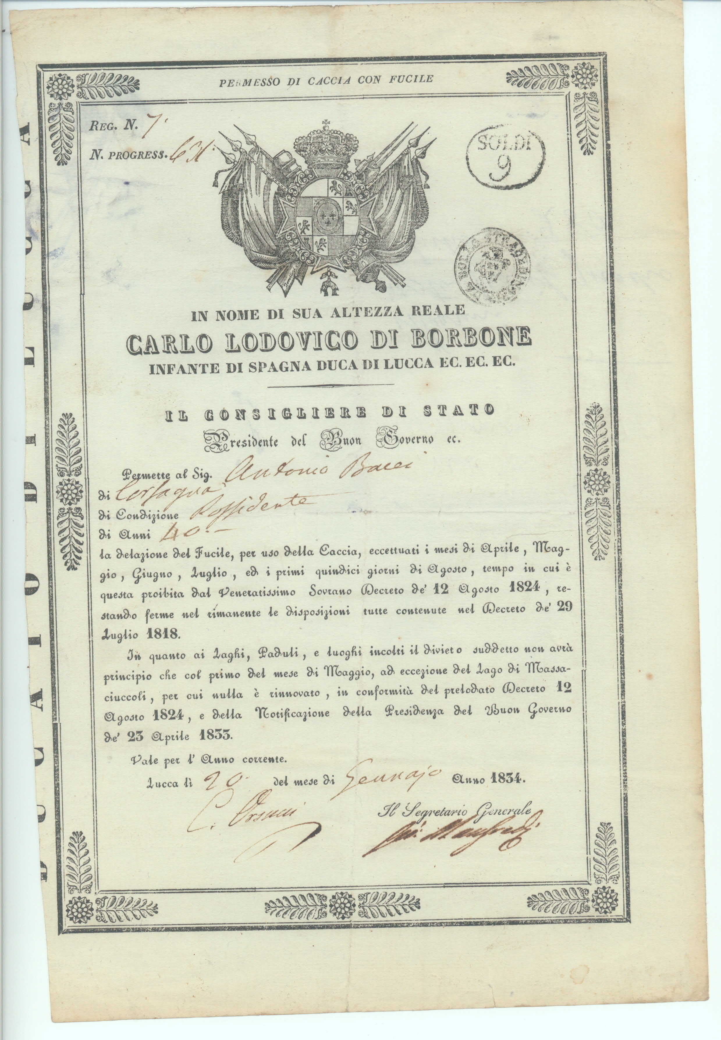 [CARLO II LODOVICO — Permit, in Italian with translation, to carry a hunting rifle, | Sophie Dupré Autographs