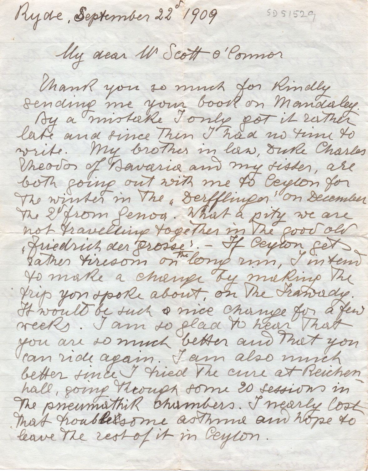 BRAGANÇA — Autograph Letter Signed in English to the travel writer V.C. Scott O'Connor, | Sophie Dupré Autographs