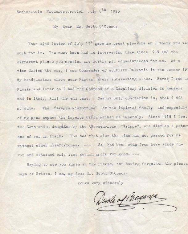 BRAGANÇA — Typed Letter Signed in English to the travel writer  V.C. Scott O'Connor, | Sophie Dupré Autographs