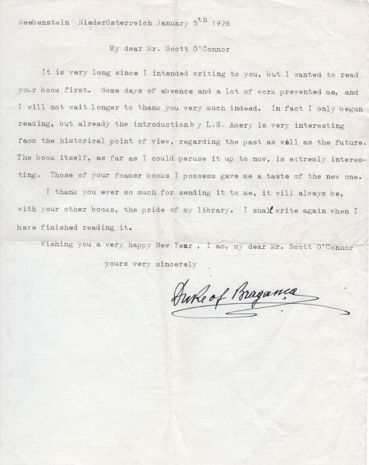 BRAGANÇA — Typed Letter Signed in English to the travel writer  V.C. Scott O'Connor, | Sophie Dupré Autographs