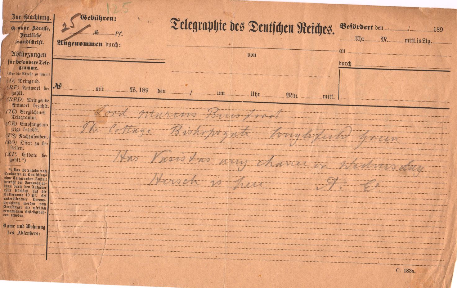 EDWARD VII — Autograph German telegram form, in English, signed with initials 'A.E.', | Sophie Dupré Autographs