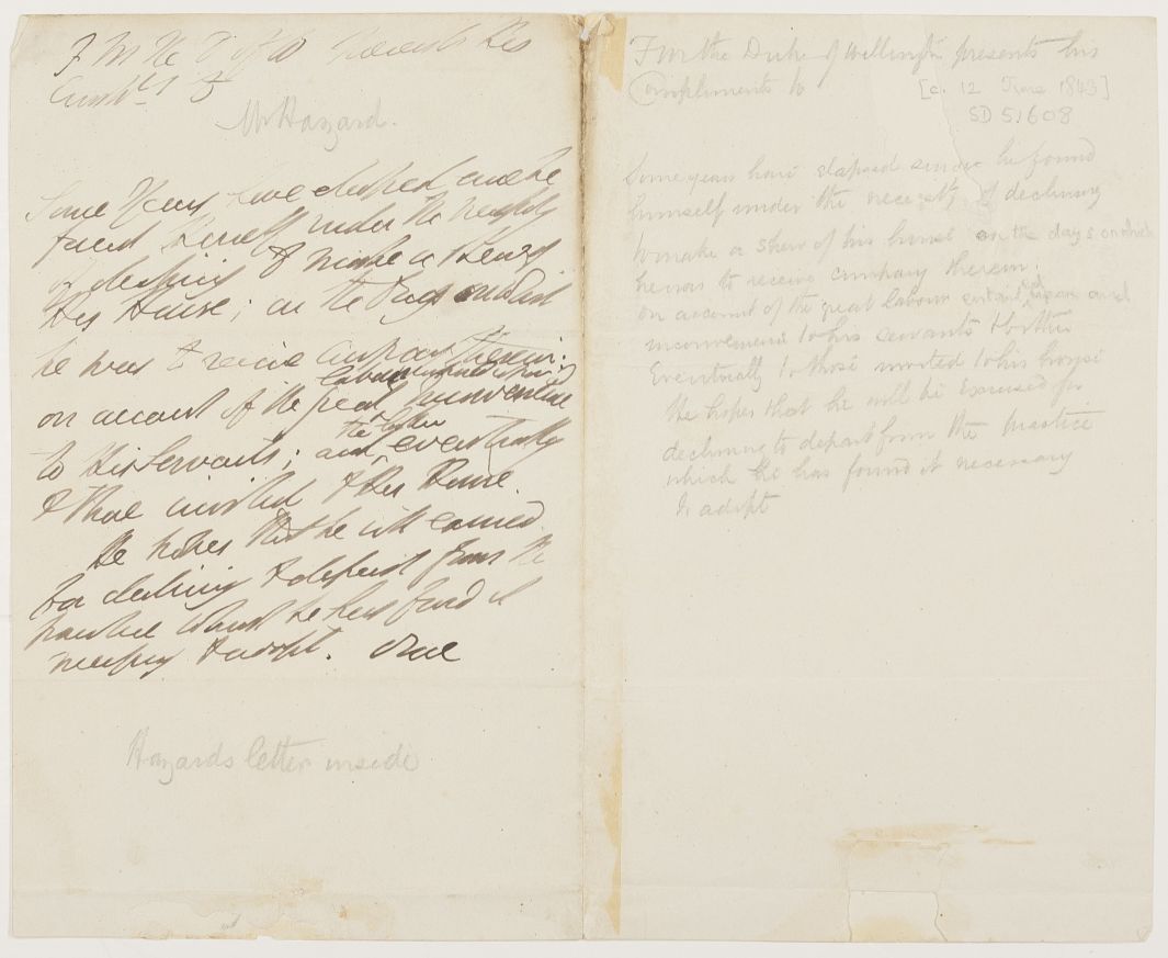 WELLINGTON — Draft Autograph Letter in the third person to [Mr Hazard, in pencil in another hand], | Sophie Dupré Autographs