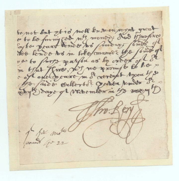 [ELIZABETH I — Portion of a letter in her name, with transcription, signed by Thomas Kery, | Sophie Dupré Autographs