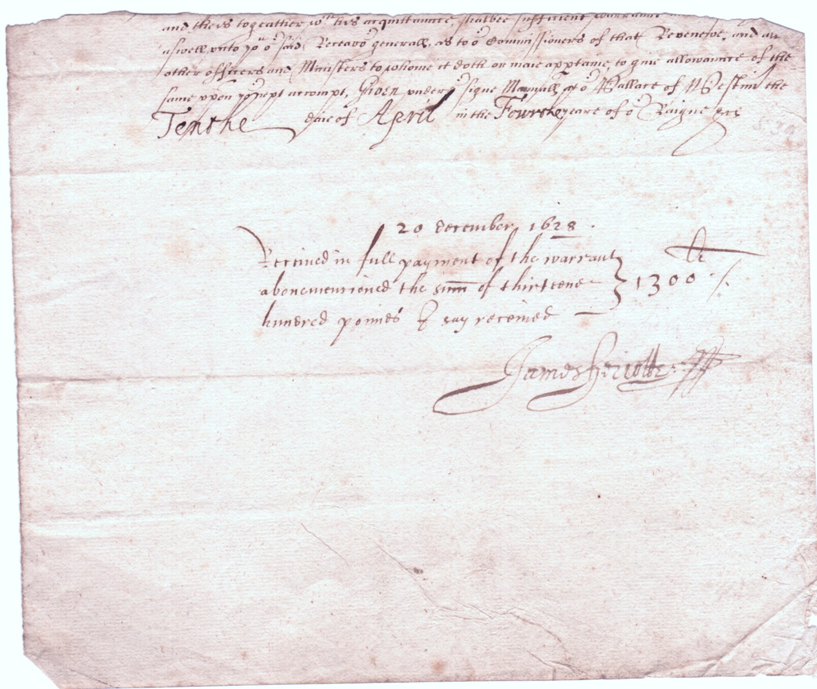 [CHARLES I — Lower half of an order to the Receiver General | Sophie Dupré Autographs
