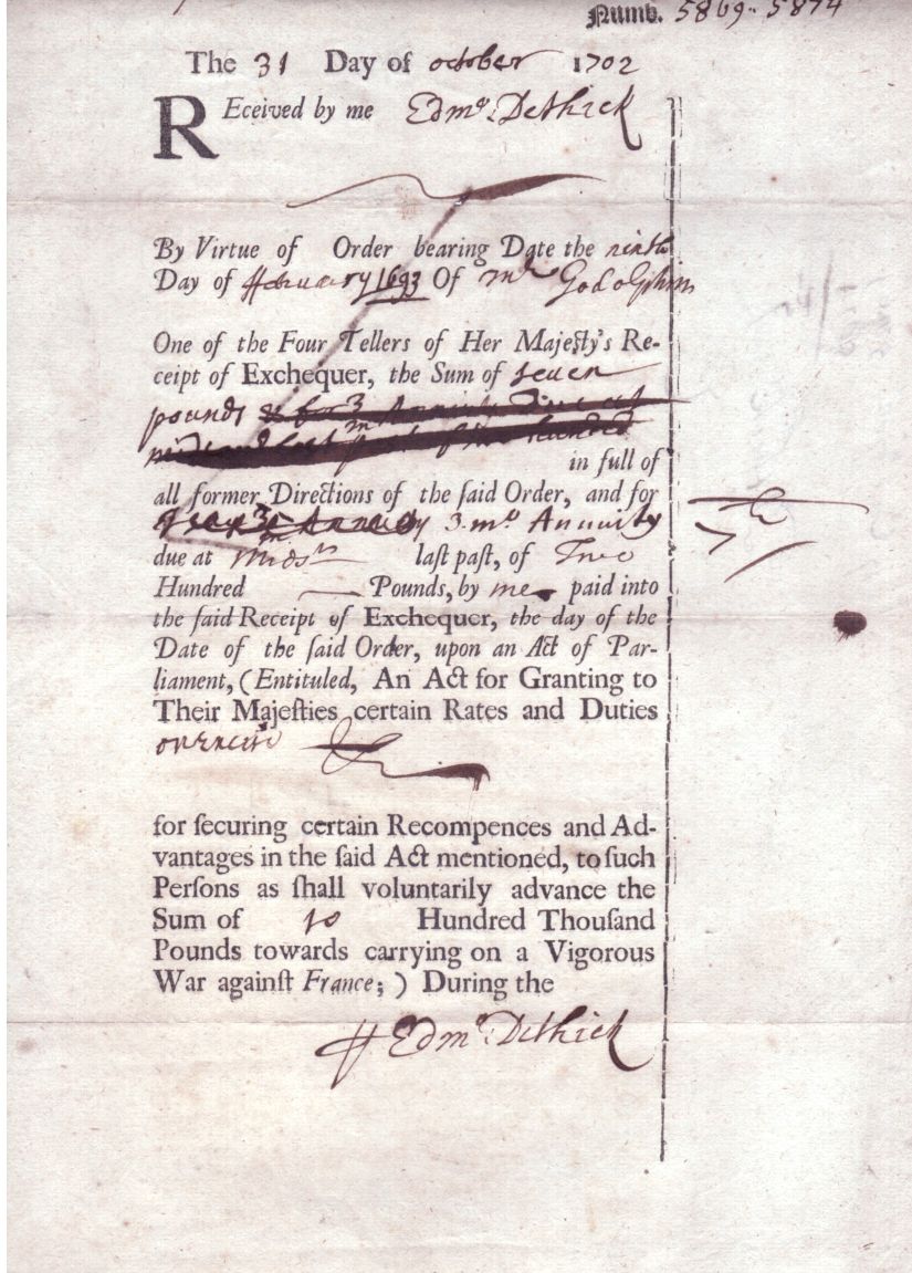 DETHICK — Fine Receipt Document Signed to the Exchequer for £7, being 3 months' Annuity | Sophie Dupré Autographs