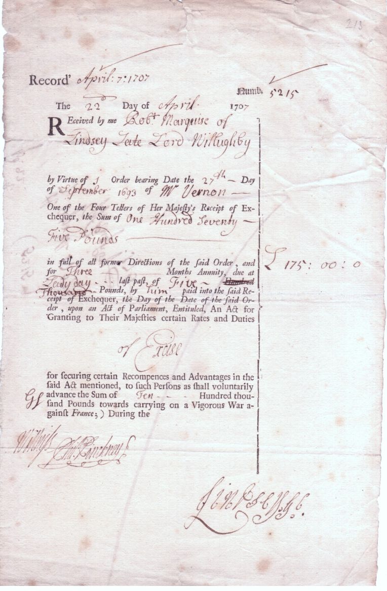 LINDSEY — Fine Receipt Document Signed Lindsey G[reat] C[hamberlain] to James Vernon, | Sophie Dupré Autographs