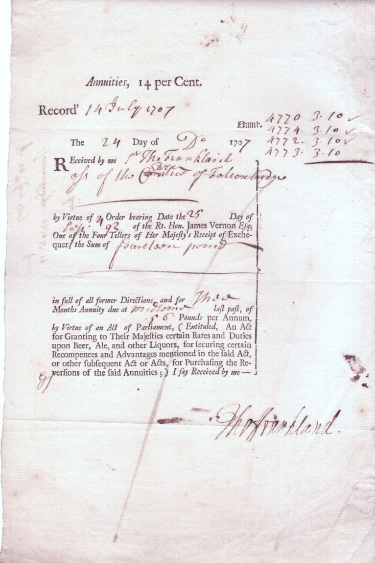 FRANKLAND — Fine Receipt Document Signed as ass[ignee] of the Earl of Falconbridge [Fauconberg] | Sophie Dupré Autographs