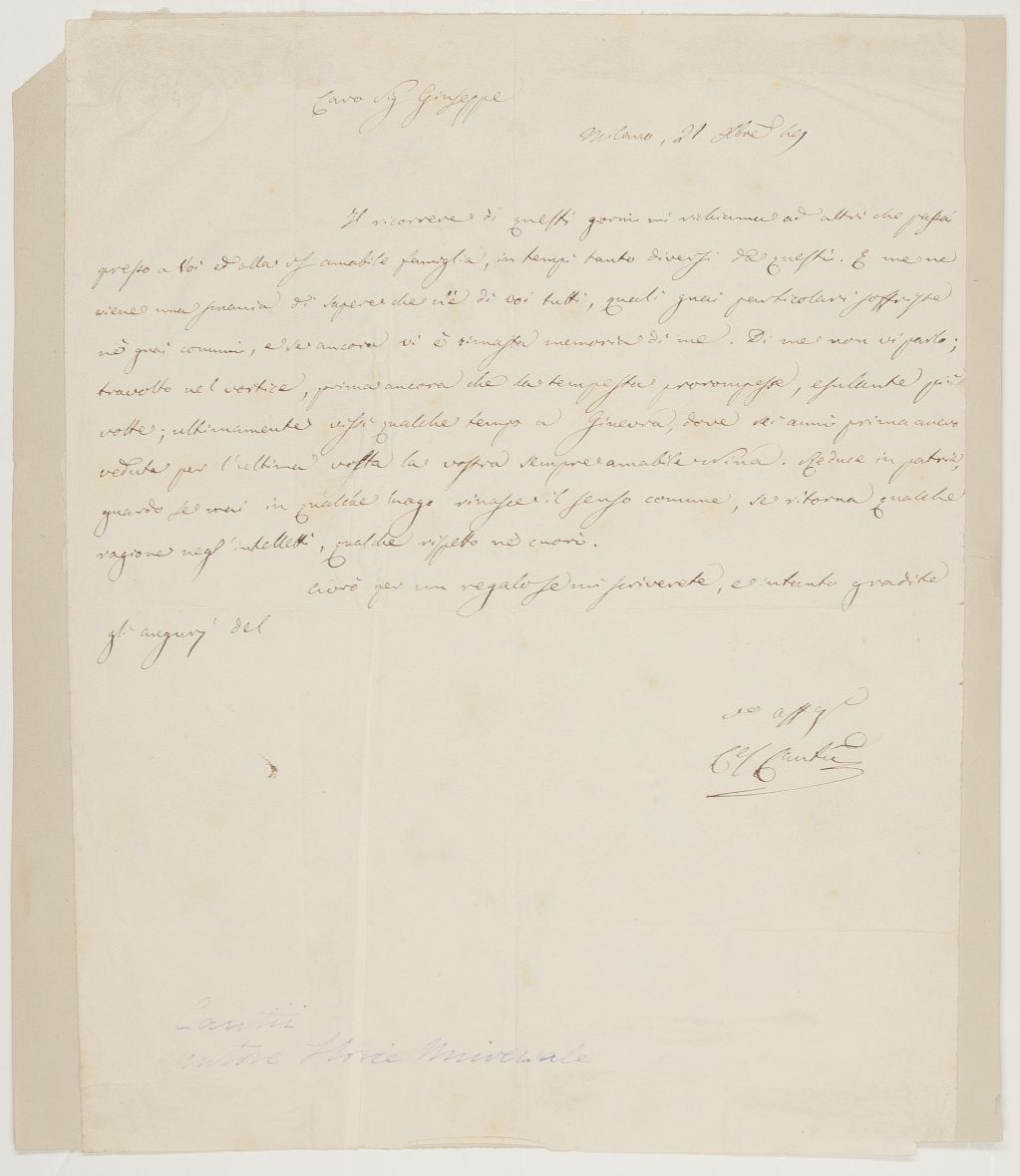 CANTÙ — Autograph Letter Signed, in Italian with translation, to 'Sig. Giuseppe', | Sophie Dupré Autographs