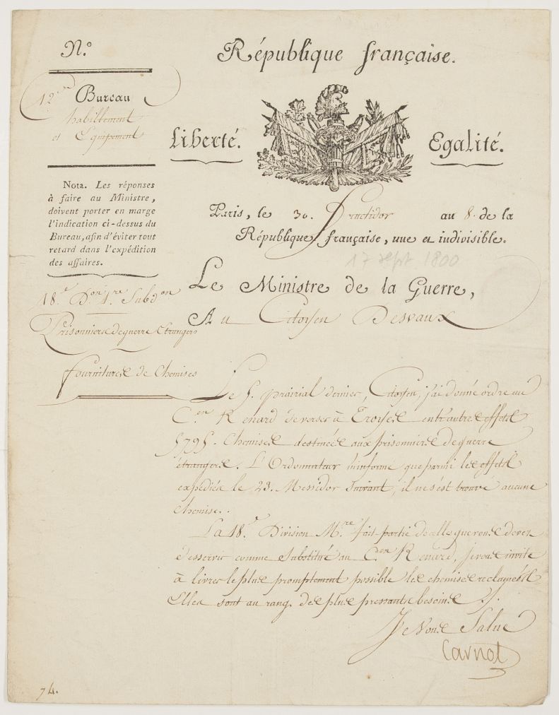 CARNOT — Letter Signed, in French with translation, as Minister for War, to Citizen Desvaux, | Sophie Dupré Autographs