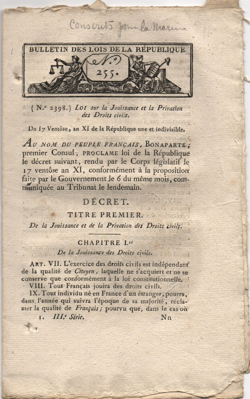[NAPOLEON I — Bulletin of the Laws of the Republic No. 255, in French, | Sophie Dupré Autographs