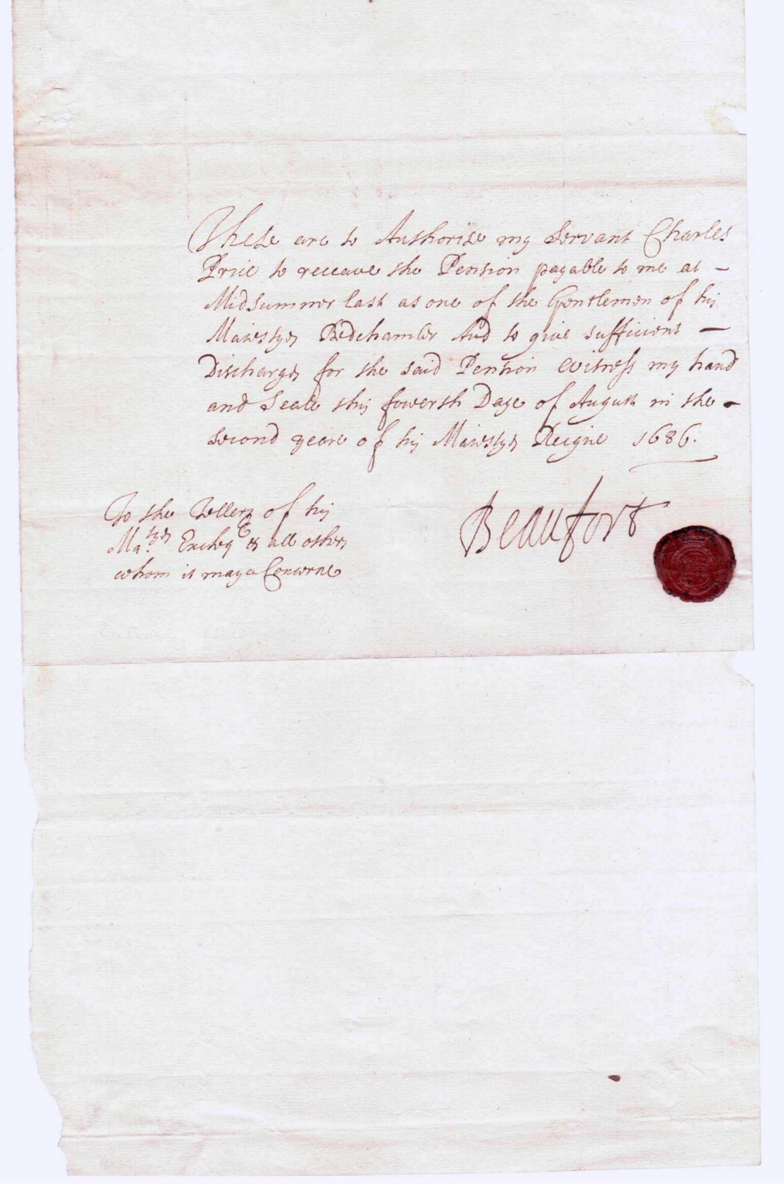 BEAUFORT — Document signed addressed to the Tellers of the Exchequer, | Sophie Dupré Autographs