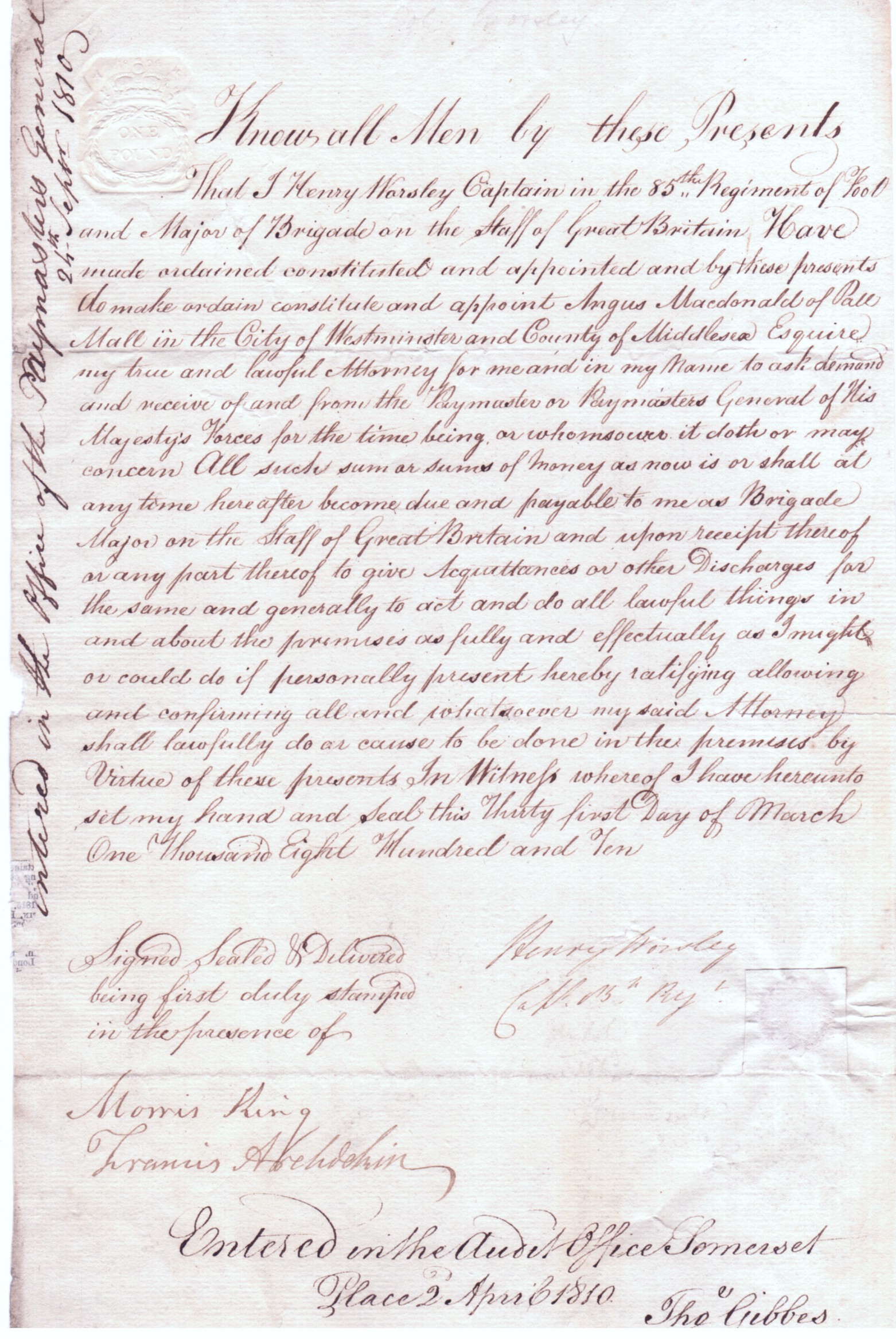 WORSLEY — Document Signed appointing Angus Macdonald of Pall Mall | Sophie Dupré Autographs