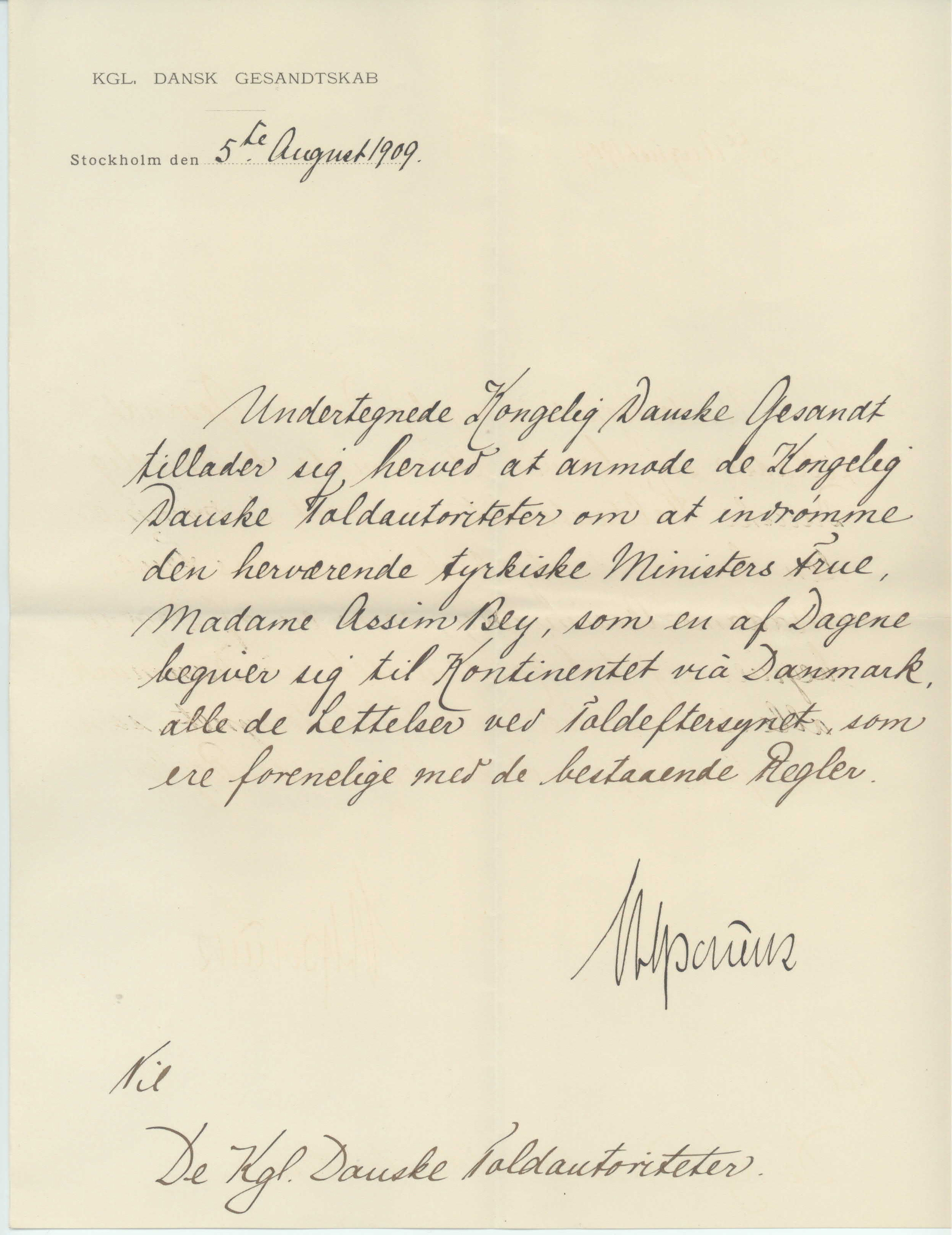 [ASSIM BEY — Manuscript Document, in Danish with translation, | Sophie Dupré Autographs