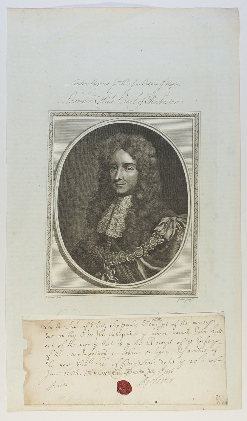 ROCHESTER — Signature as Lord High Treasurer, 1685-1687, and monogrammed seal | Sophie Dupré Autographs