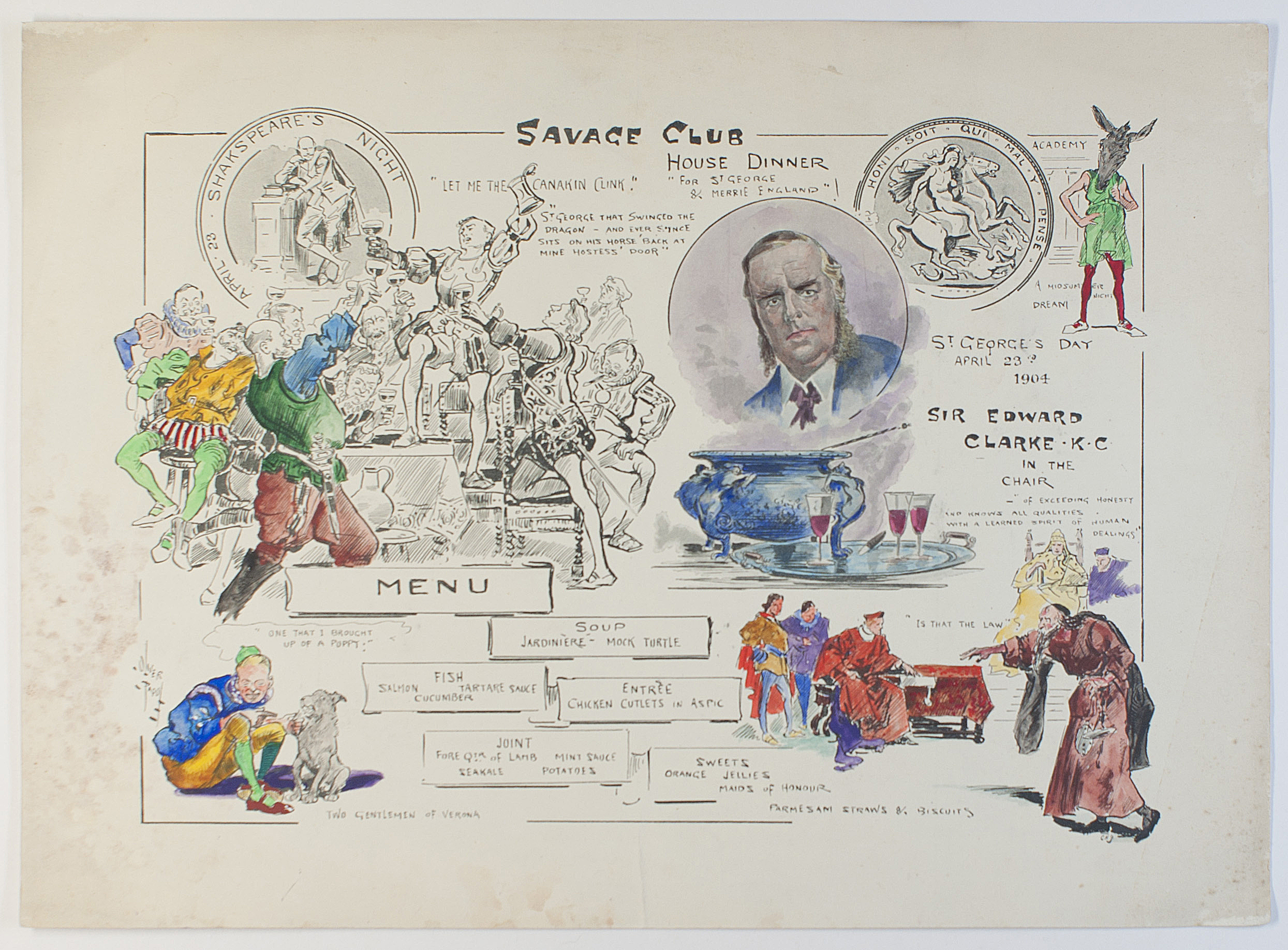 [SAVAGE CLUB — Pictorial menu for the St. George's Day & Shakespeare's Night Dinner, | Sophie Dupré Autographs