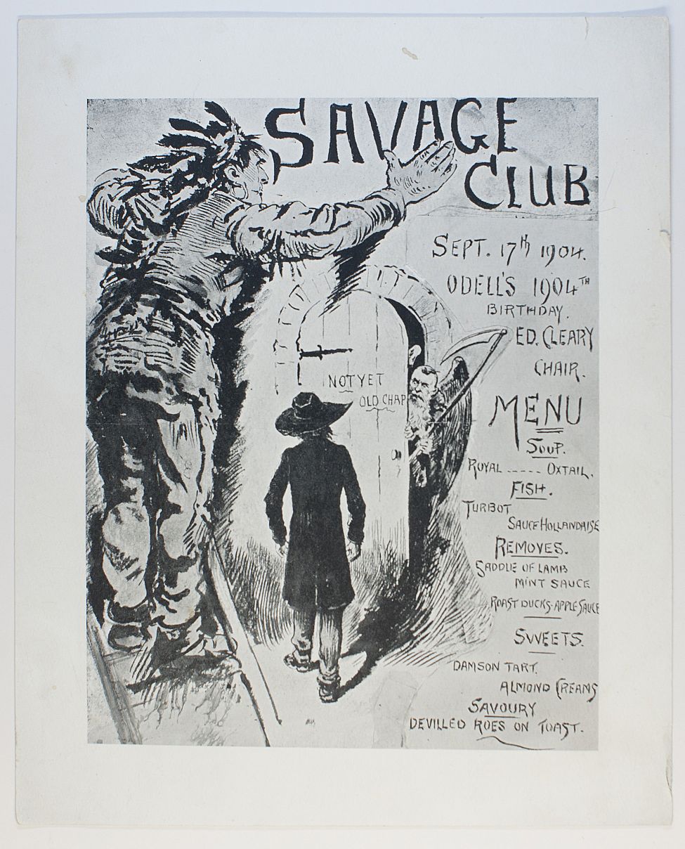 [SAVAGE CLUB — Pictorial menu in poster style, | Sophie Dupré Autographs