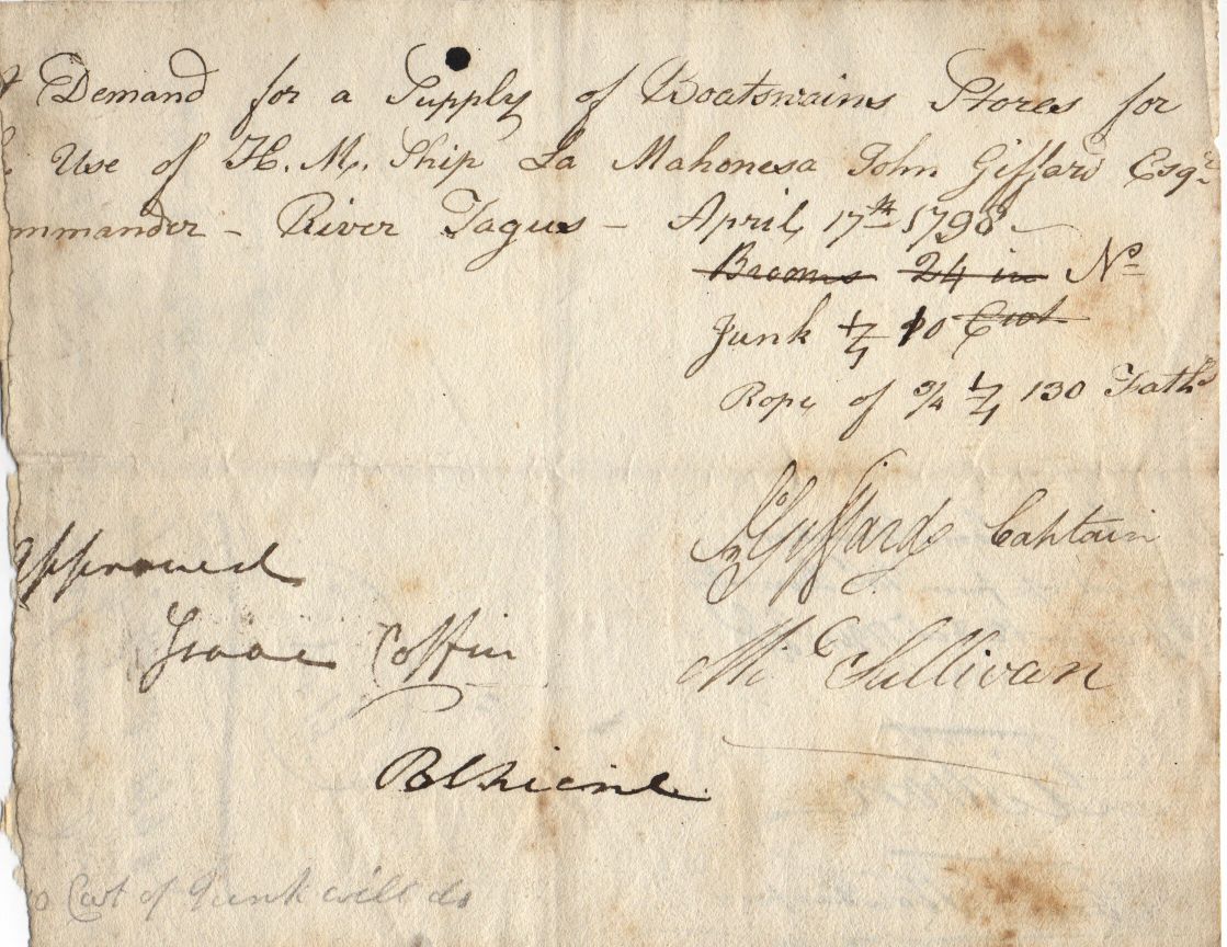 COFFIN — Document signed approving a demand of Boatswain's Stores | Sophie Dupré Autographs
