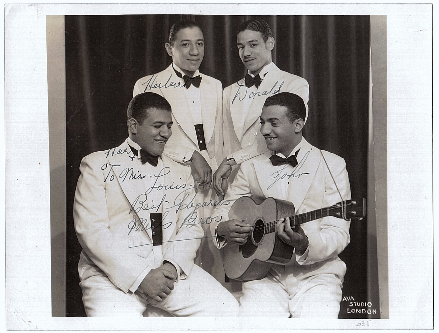 MILLS BROTHERS — Group portrait by Ava Studio of Charing Cross Road, London, | Sophie Dupré Autographs