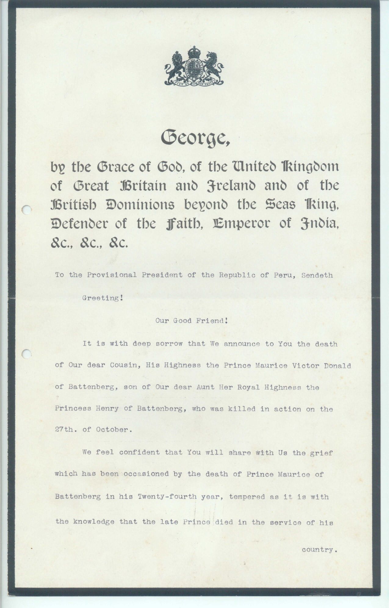 GEORGE V — Finely typed document signed, in English, | Sophie Dupré Autographs