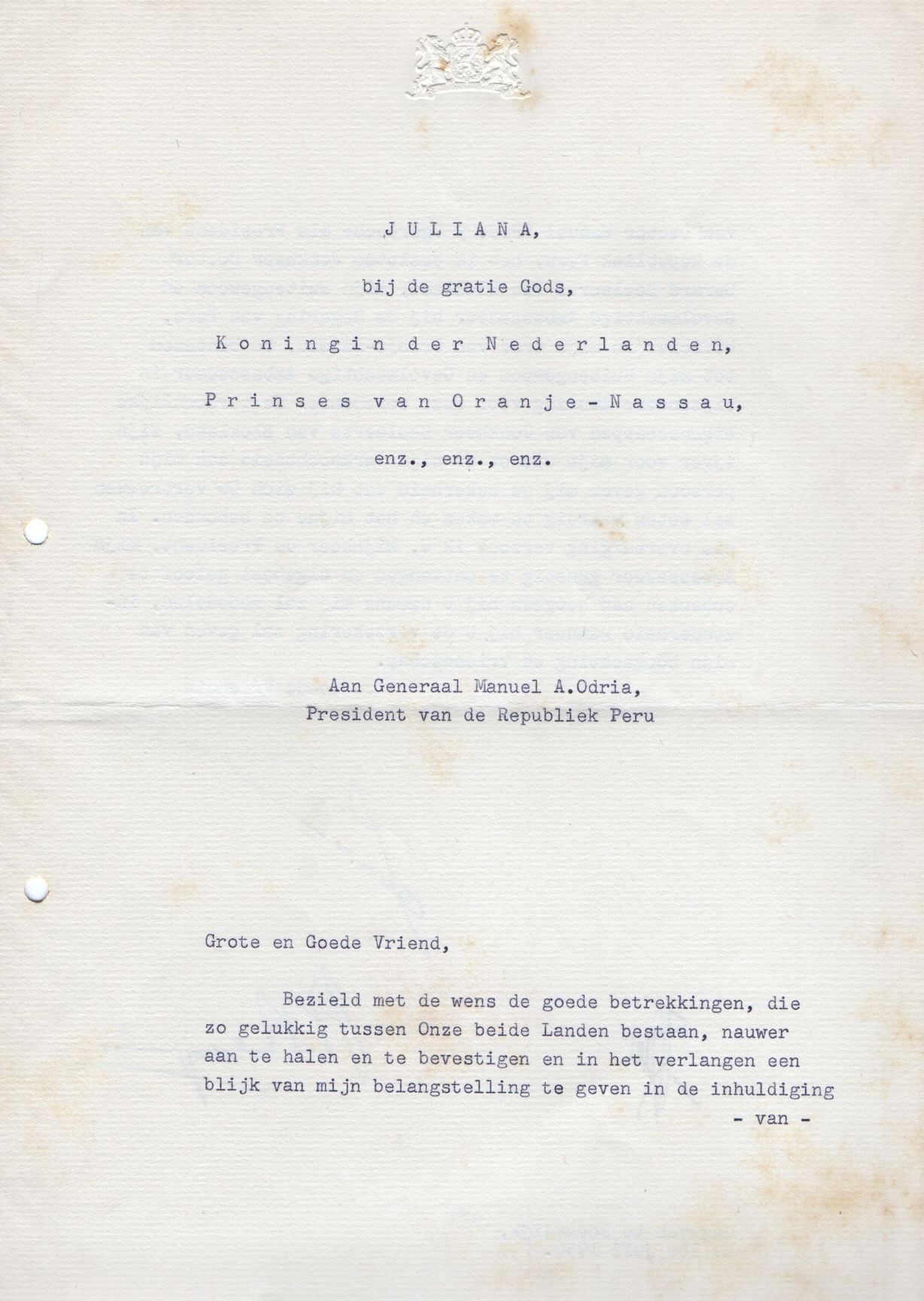 JULIANA — Finely typed document, in Dutch with translation, | Sophie Dupré Autographs