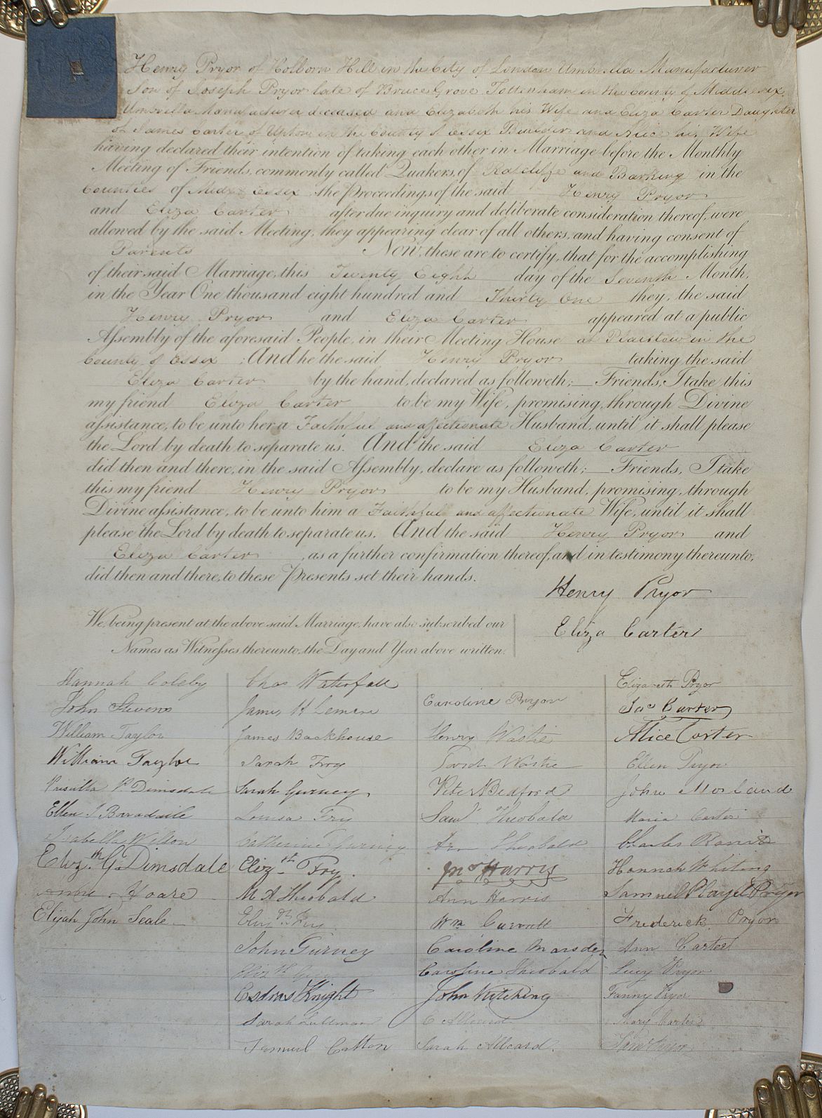 PRYOR — Quaker marriage certificate, recording, | Sophie Dupré Autographs