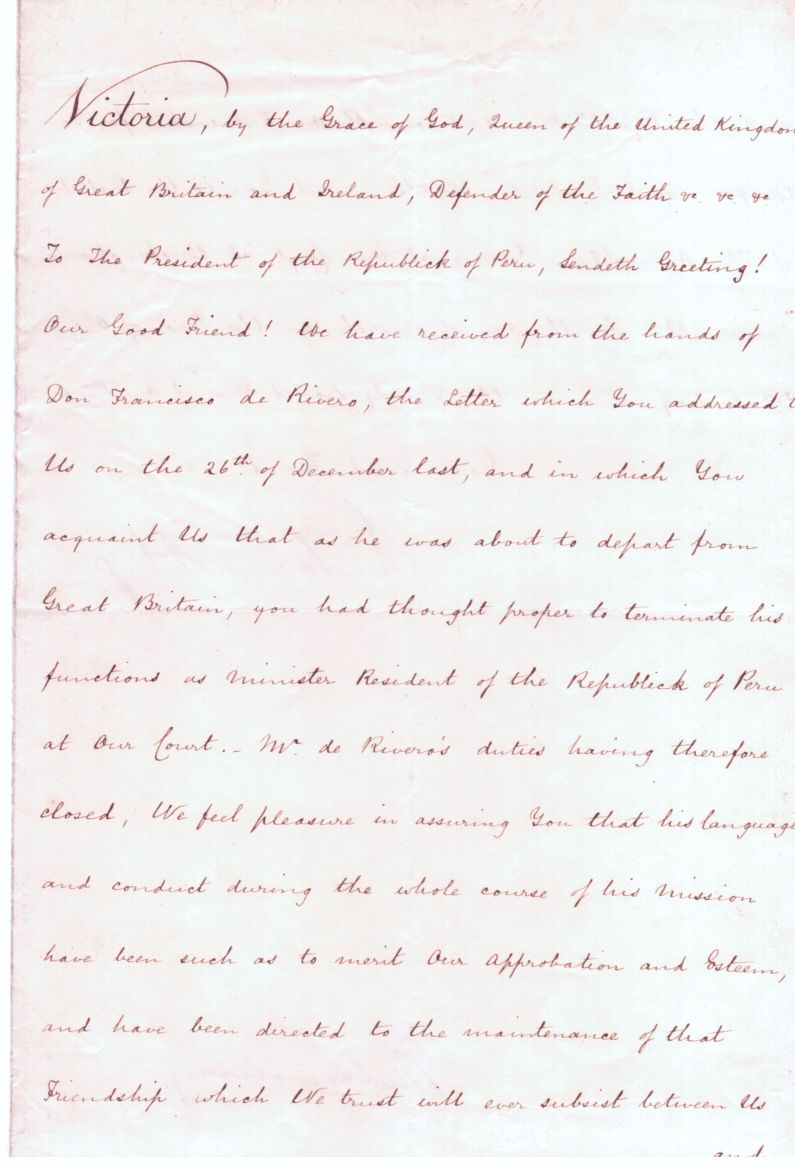 VICTORIA — Document signed, to the President of Peru, | Sophie Dupré Autographs