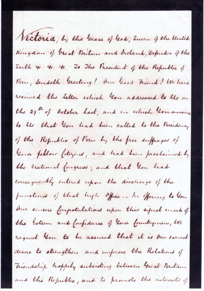 VICTORIA — Document signed, to the President of Peru, | Sophie Dupré Autographs