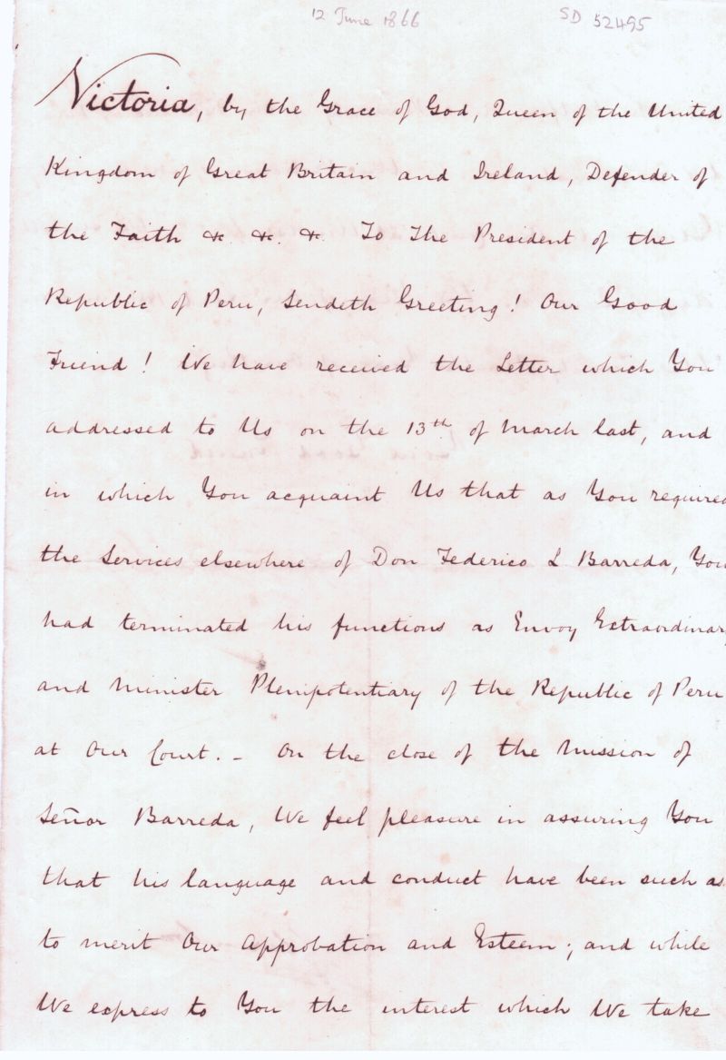 VICTORIA — Document signed, to the President of Peru, | Sophie Dupré Autographs