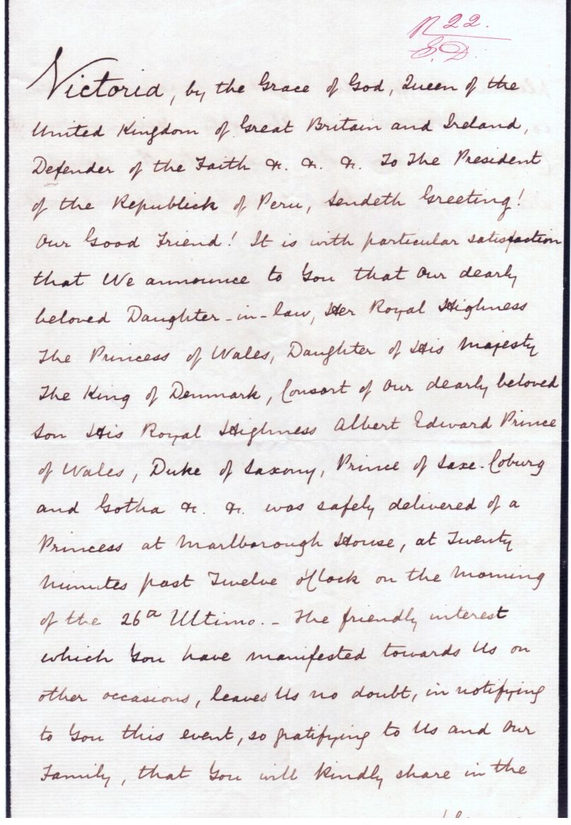 VICTORIA — Document signed, to the President of Peru, | Sophie Dupré Autographs
