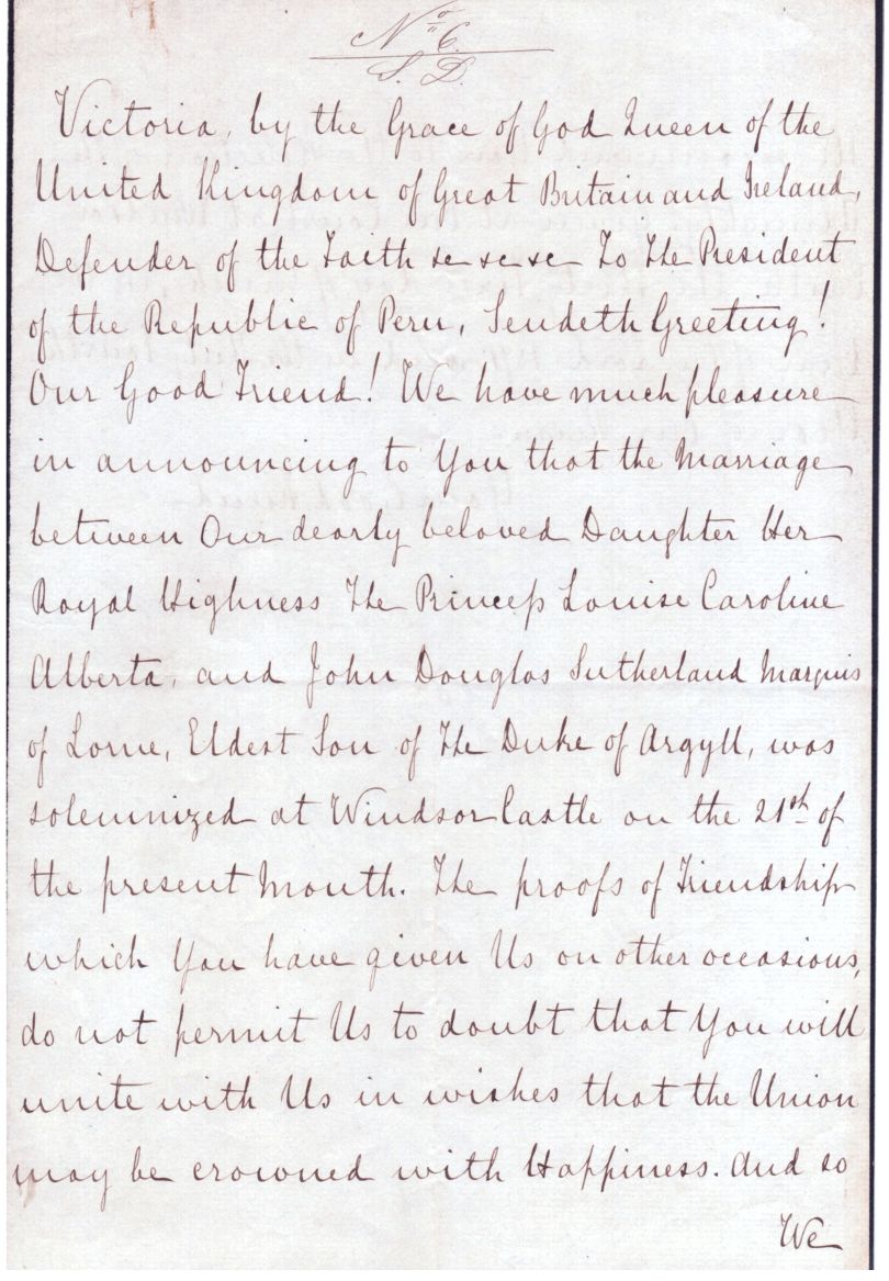 VICTORIA — Document signed, to the President of Peru, | Sophie Dupré Autographs