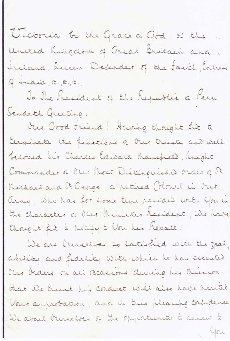 VICTORIA — Document signed, to the President of Peru, | Sophie Dupré Autographs