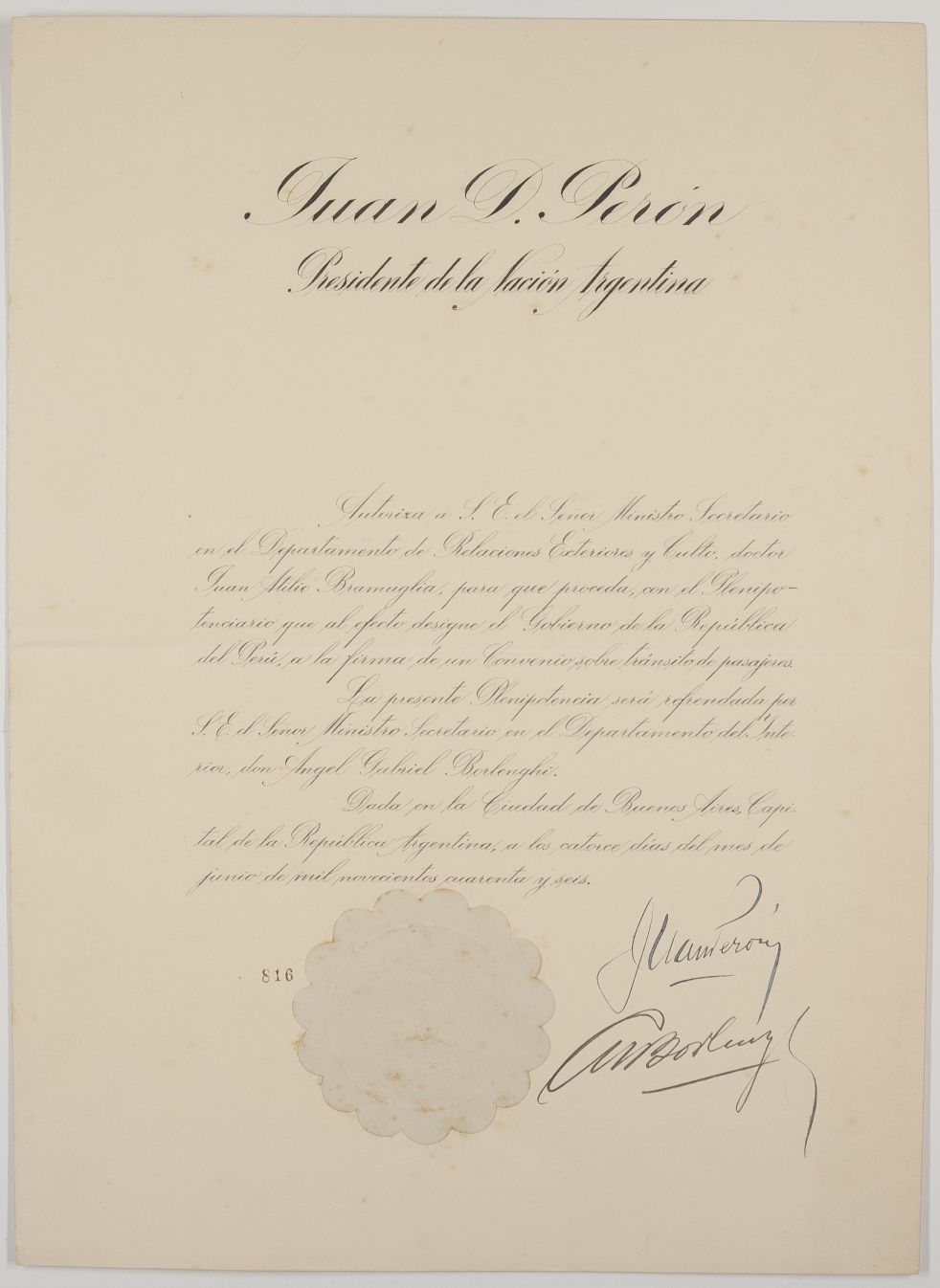 PERÓN — Finely penned document signed, in Spanish with translation, | Sophie Dupré Autographs