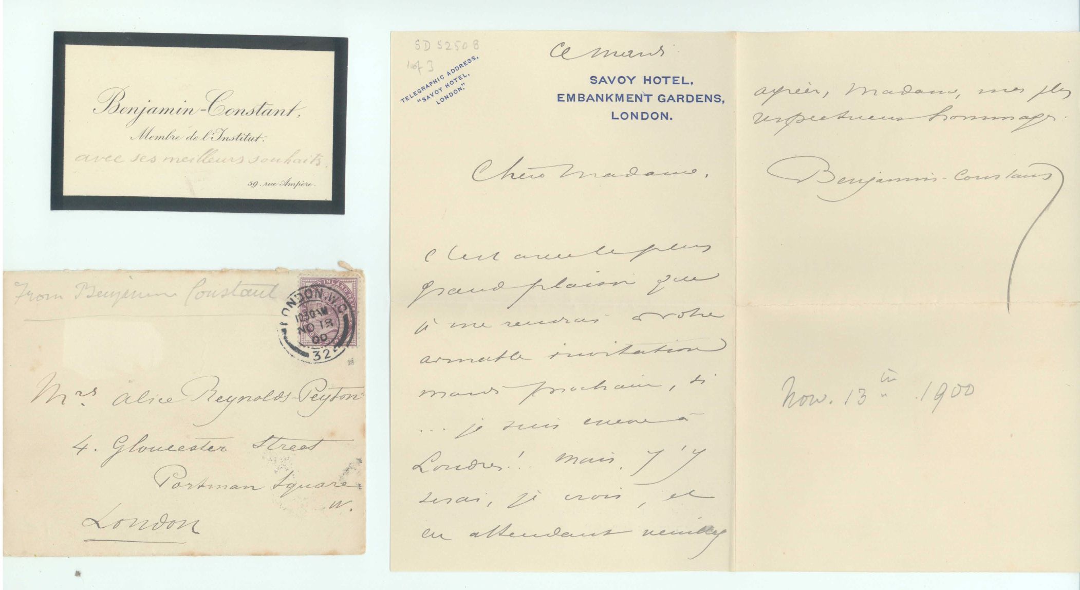 CONSTANT — Autograph Letter Signed, in French with translation, to Mrs Alice Reynolds-Peyton, | Sophie Dupré Autographs