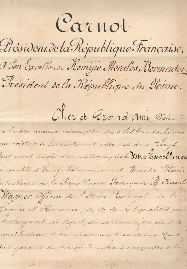 CARNOT — Finely penned Document signed, in French with translation, to the President of Peru, | Sophie Dupré Autographs