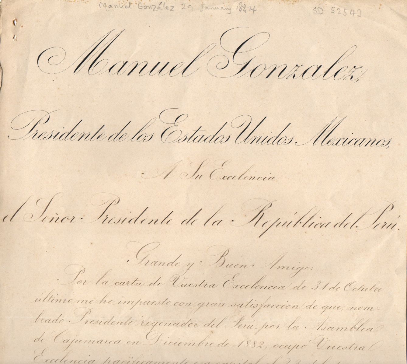 GONZÁLEZ — Finely penned Document signed, in Spanish with translation, to the President of Peru, | Sophie Dupré Autographs