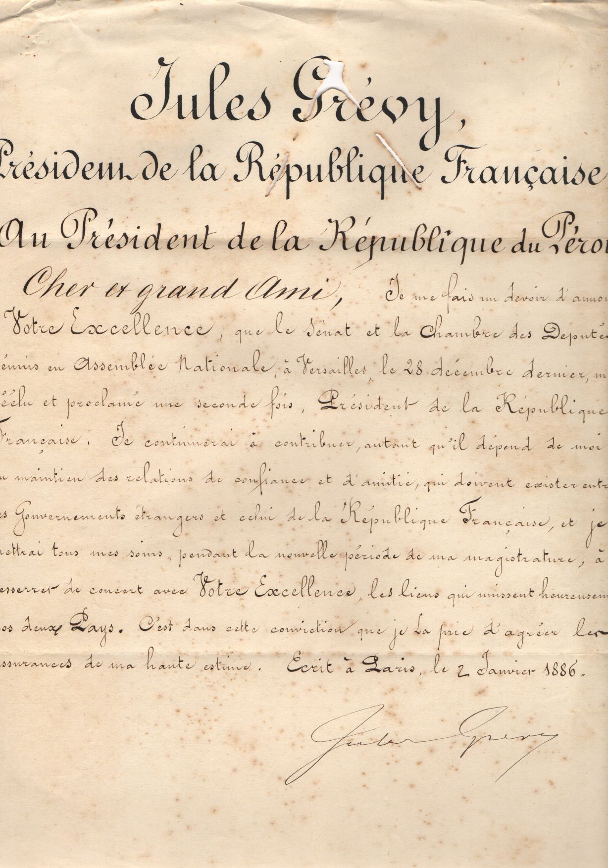 GRÉVY — Finely penned Document signed, in French with translation, to the President of Peru, | Sophie Dupré Autographs
