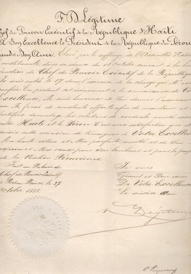 LÉGITIME — Finely penned Document signed, in French with translation, to the President of Peru, | Sophie Dupré Autographs