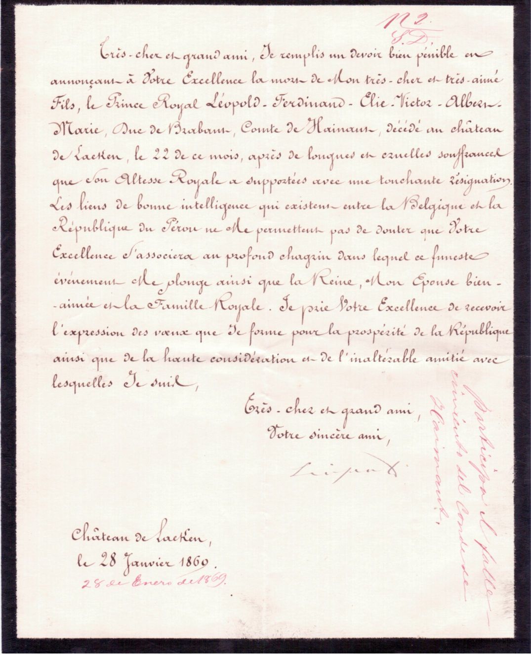 LÉOPOLD II — Finely penned Document signed, in French with translation, to the President of Peru, | Sophie Dupré Autographs