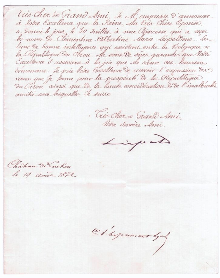 LÉOPOLD II — Finely penned Document signed, in French with translation, to the President of Peru, | Sophie Dupré Autographs