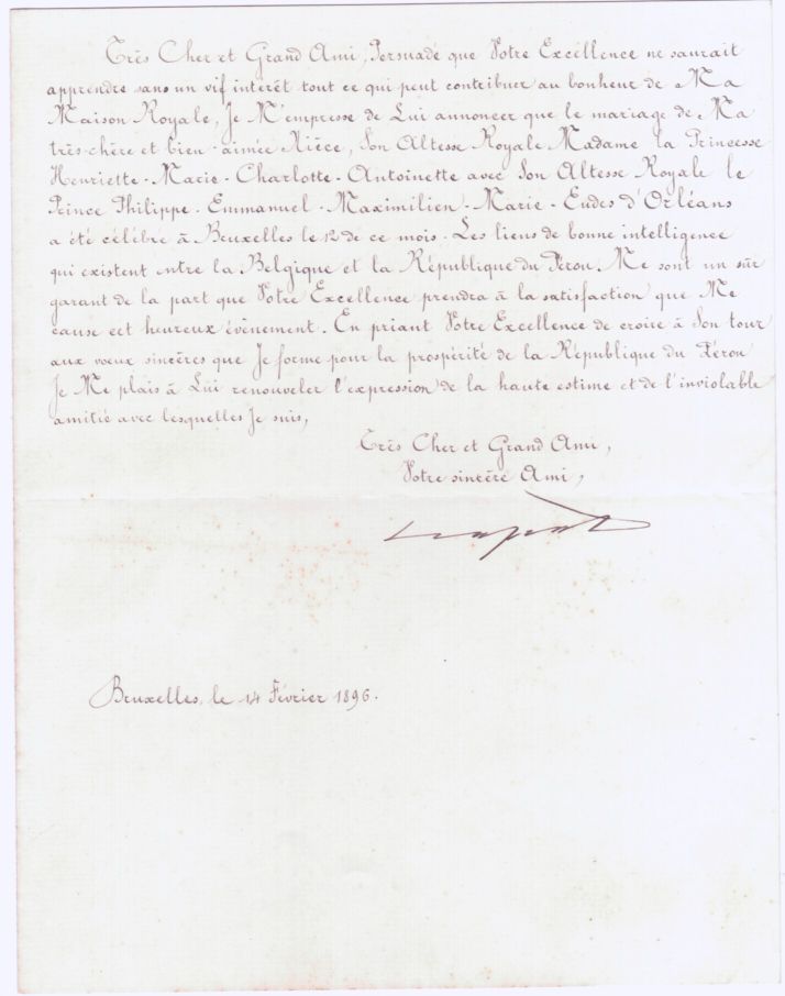 LÉOPOLD II — Finely penned Document signed, in French with translation, to the President of Peru, | Sophie Dupré Autographs